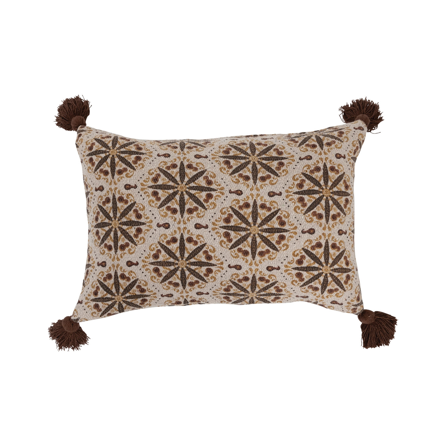 Recycled Cotton Blend Lumbar Pillow with Floral Medallion Print and Tassels - Image 0
