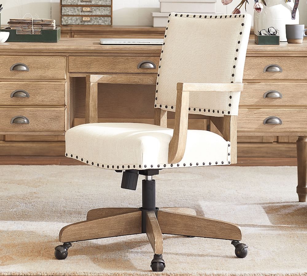 Manchester Upholstered Swivel Desk Chair, Espresso Frame, Performance Chunky Basketweave Stone - Image 0