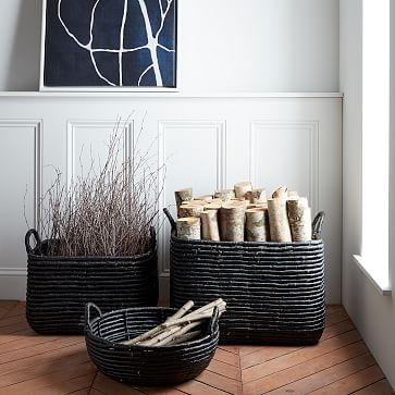 Woven Seagrass, Handle Baskets, Black, Medium, 16"W x 12.5"D x 10.5"H - Image 1
