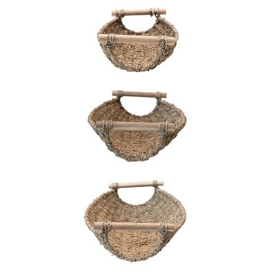  Decorative Seagrass & Metal Trays With Wood Handles, Natural, Set Of 3 - Image 0