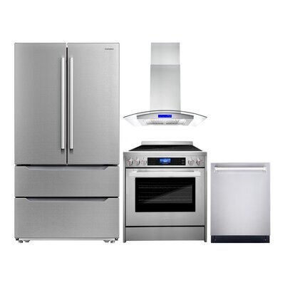 4 Piece Kitchen Package With 30" Freestanding Dual Fuel Range 30" Island Range Hood 24" Built-in Fully Integrated Dishwasher & Energy Star French Door Refrigerator - Image 0