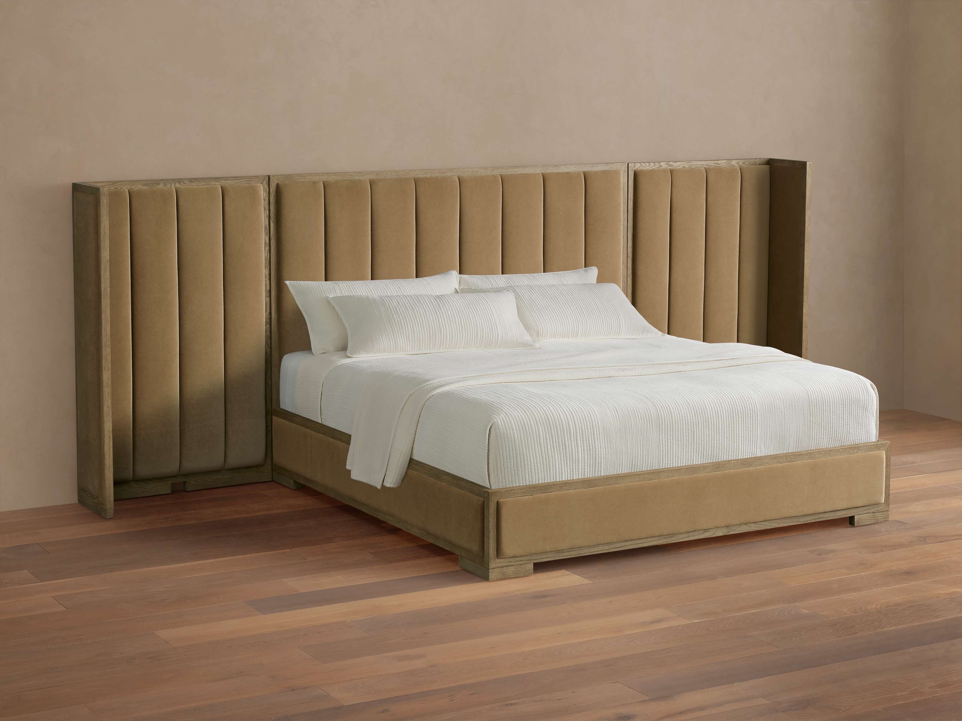 Darien Extended Channel-Stitched Shelter Bed in Upholstered 60" Cali King None  Banks Taupe/Fawn - Image 0