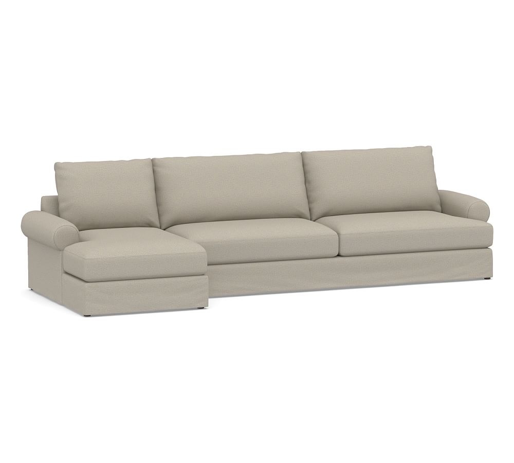 Canyon Roll Arm Slipcovered Right Arm Sofa with Chaise Sectional, Down Blend Wrapped Cushions, Performance Boucle Fog - Image 0