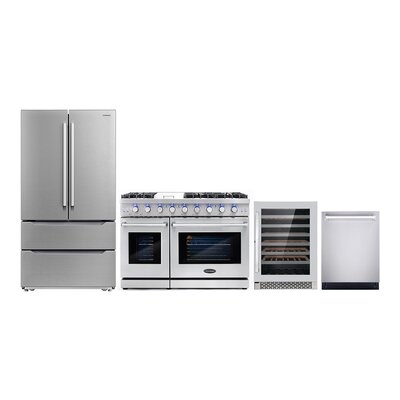 4 Piece Kitchen Package With 48" Freestanding Gas Range 24" Built-in Fully Integrated Dishwasher Energy Star French Door Refrigerator & 48 Bottle Freestanding Wine Refrigerator - Image 0