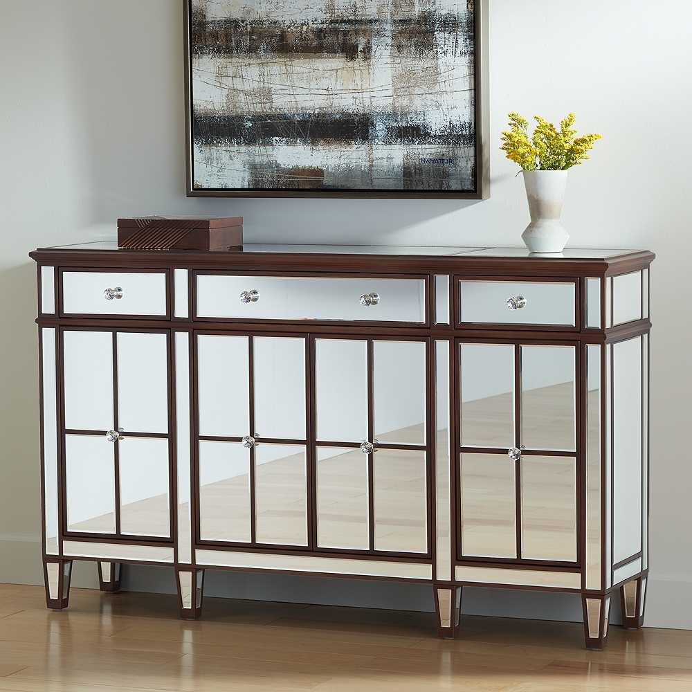 Vincent 60" Wide Mirrored and Brushed Oak Accent Cabinet - Image 0