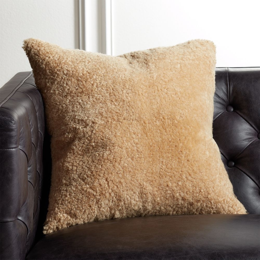 Shorn Camel Brown Sheepskin Fur Throw Pillow with Down-Alternative Insert 18" - Image 0