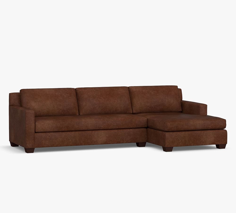 York Square Arm Leather Right Arm Sofa 117" with Double Chaise Sectional and Bench Cushion, Polyester Wrapped Cushions, Legacy Dark Caramel - Image 0