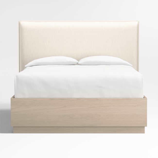 Arvada 54" Ivory Upholstered Queen Headboard with Batten White Oak Storage Bed Base - Image 0