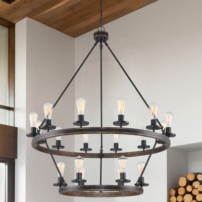 18 - Light Candle Style Wagon Wheel Chandelier with Wood Accents - Image 0