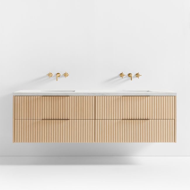 Batten 72" White Marble Top and Oak Wood Double Sink Floating Vanity - Image 0