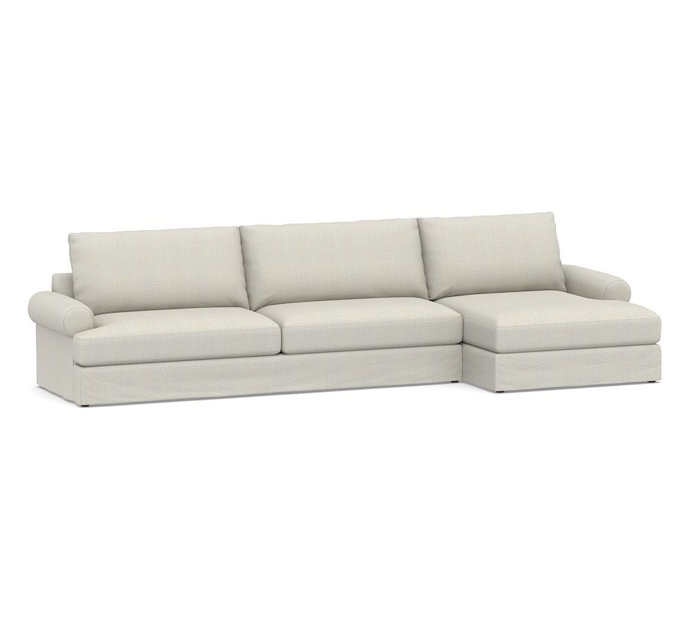 Canyon Roll Arm Slipcovered Left Arm Sofa with Double Chaise Sectional, Down Blend Wrapped Cushions, Performance Heathered Basketweave Dove - Image 0