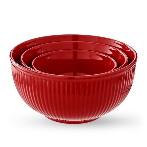 Red Ribbed Ceramic Mixing Bowls, Set of 3 - Image 0