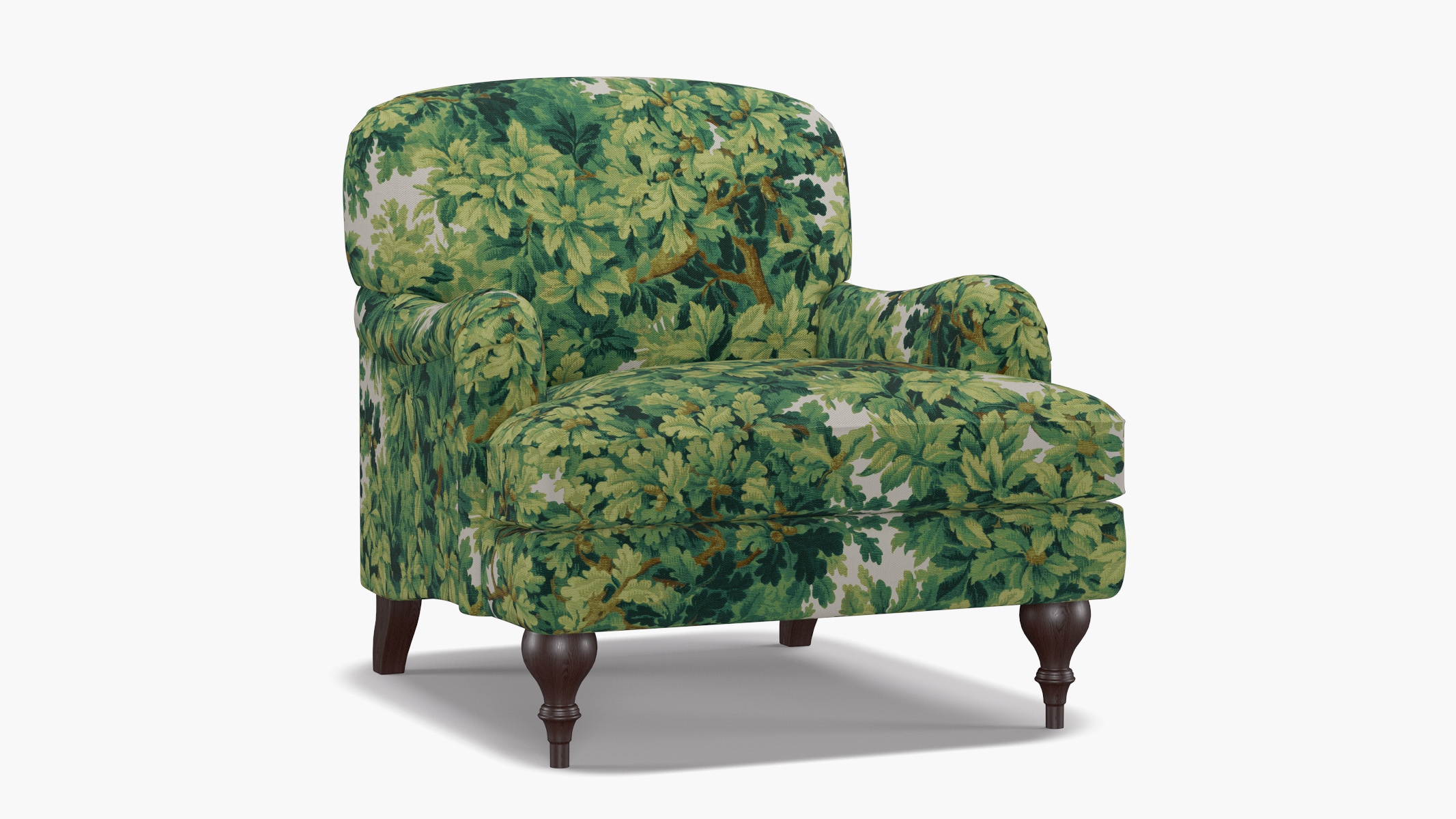 English Roll Arm Chair, Verdure Bois De Chene, Espresso Turned Wood Leg - Image 1
