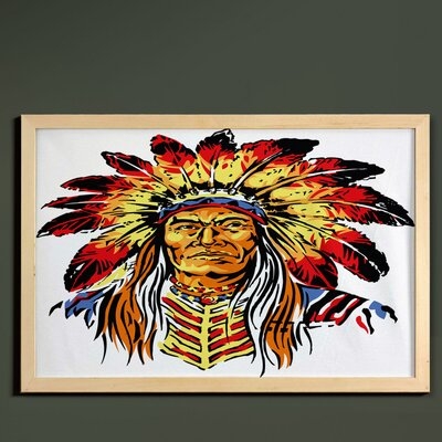 Ambesonne Ethnic Wall Art With Frame, Chief In Vibrant Color Palette Hand Drawn Style Indigenous Cultures, Printed Fabric Poster For Bathroom Living Room Dorms, 35" X 23", Multicolor - Image 0