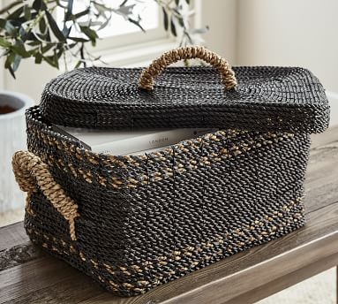 Asher Lidded Seagrass Basket, Charcoal/natural - Image 4