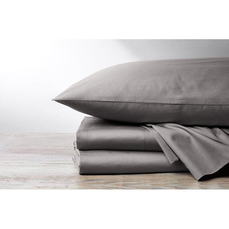 Coyuchi Sateen 300 Thread Count Solid Color 100% Cotton Sheet Set Size: Full, Color: Mid Gray - Image 0
