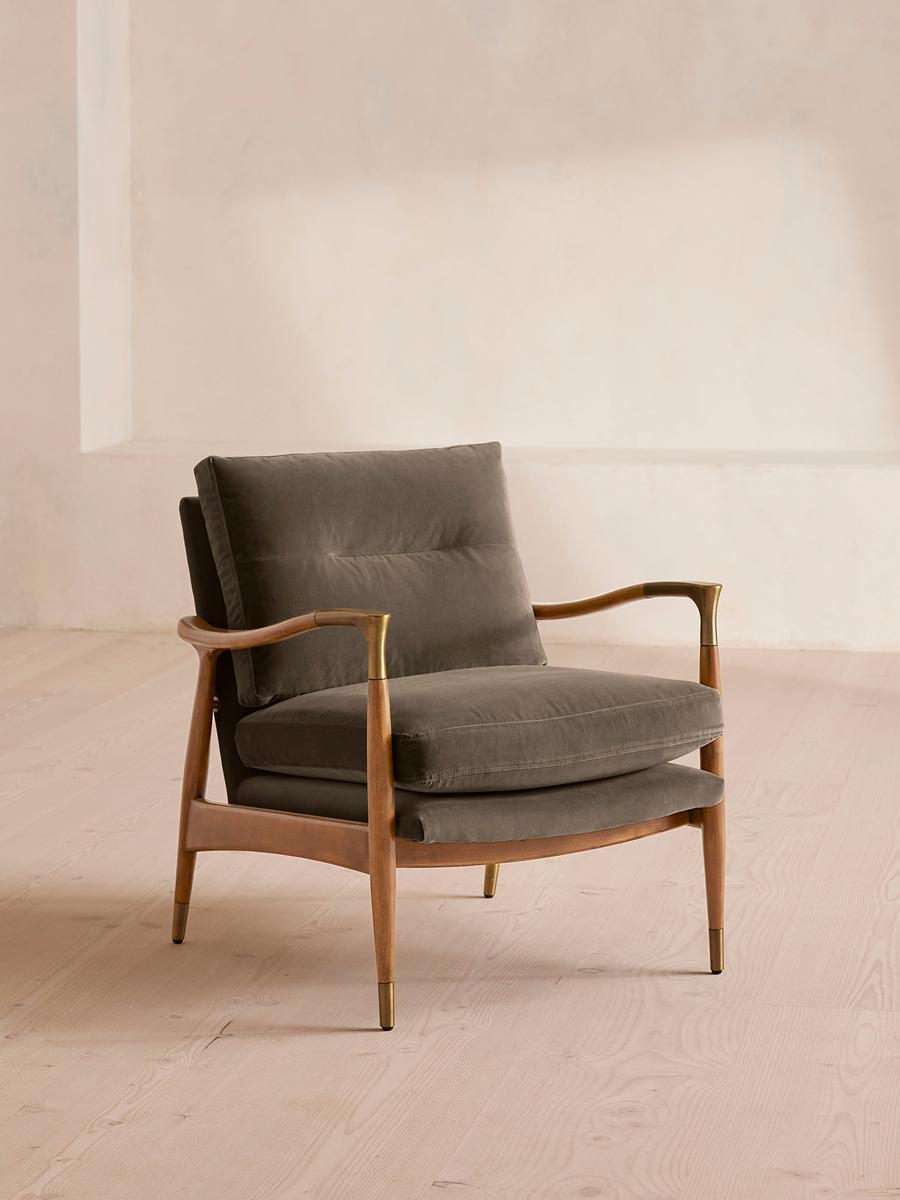 Theodore Oak Armchair, Velvet, Taupe, US - Image 0