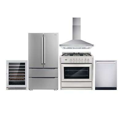 5 Piece Kitchen Package With 36" Freestanding Dual Fuel Range  36" Wall Mount Range Hood 24" Built-in Fully Integrated Dishwasher Energy Star French Door Refrigerator & 48 Bottle Wine Refrigerator - Image 0