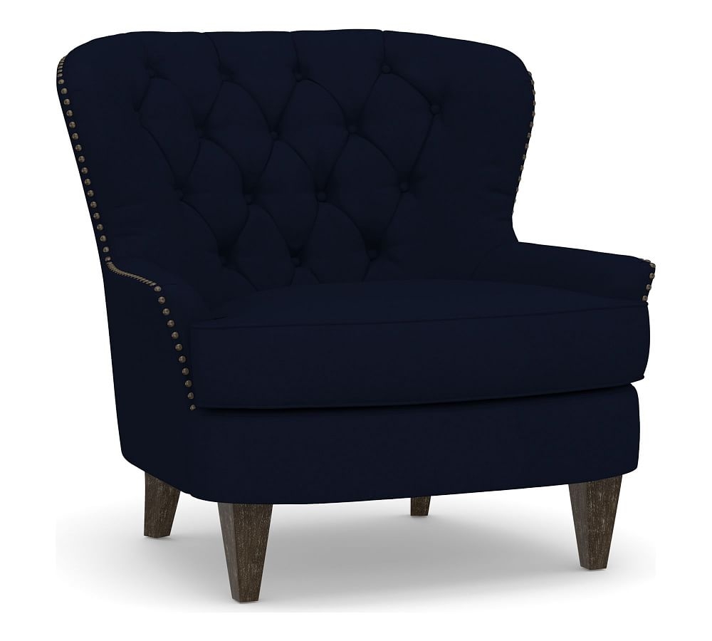 Cardiff Tufted Upholstered Armchair with Nailheads, Polyester Wrapped Cushions, Performance Everydaylinen(TM) Navy - Image 0
