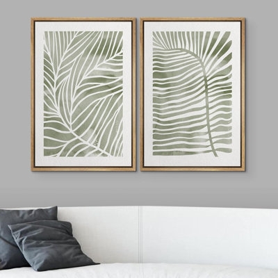 Green White Tropical Island Palm Leaves Nature Modern Art On Canvas 2 Pieces Print - Image 0