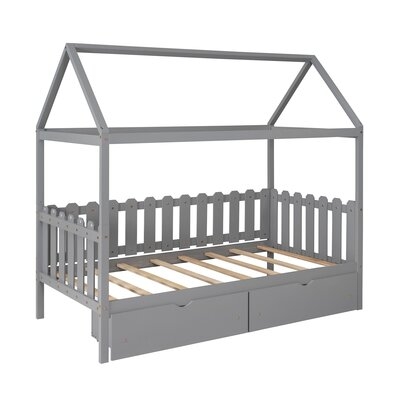 Twin Size House Bed With Drawers, Fence-Shaped Guardrail, Gray(Expected Arrival Time 5.25) - Image 0