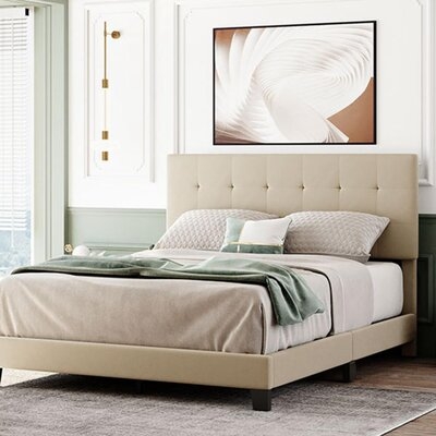 Upholstered Platform Bed With Tufted Headboard, Box Spring Needed, Gray Linen Fabric, Queen Size - Image 0
