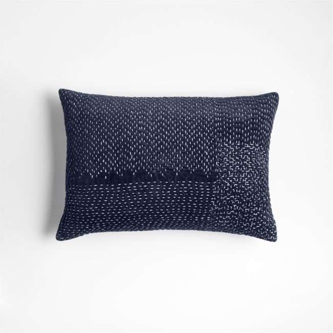 Sashiko Organic Cotton Velvet 22x15 Deep Indigo Blue Throw Pillow with Down-Alternative Insert - Image 0