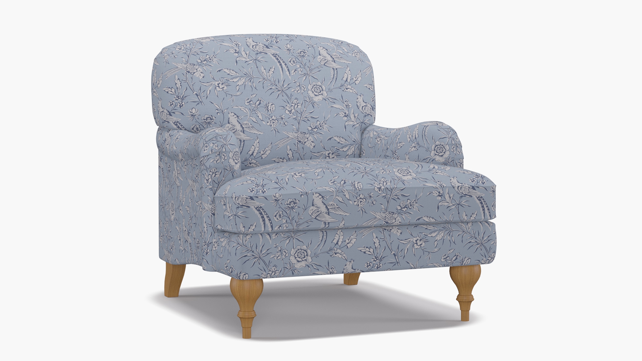 English Roll Arm Chair, Blue Aviary, Natural Turned Wood Leg - Image 1