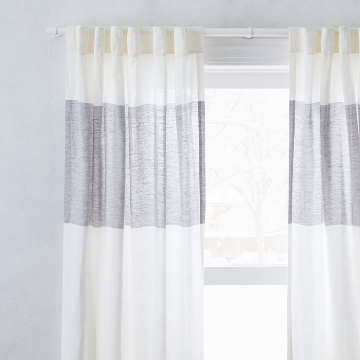 European Flax Linen Contrast Stripe Curtain, Stone White & Slate, 48"x84" - Image 2