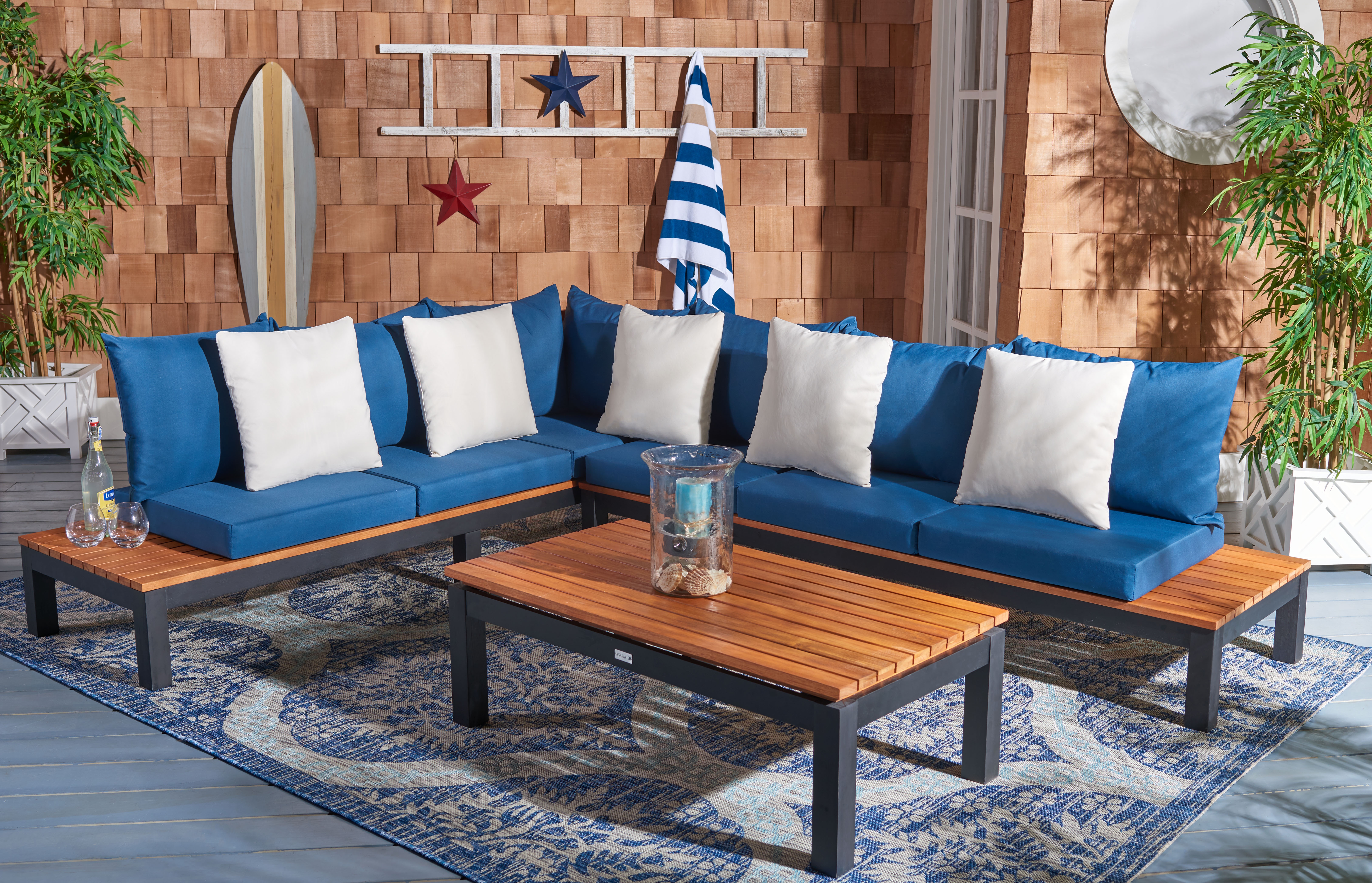Fristal 3 Piece Living Set - Natural/Black Leg/Navy /Beige - Safavieh - Image 1