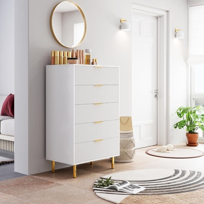 White Dresser, Modern 5 Drawer Dresser For Bedroom With Gold Handle And Large Drawer, Wood Double Chest Of Drawers And Storage Organizer For Living Room, Hallway, Entryway - Image 0