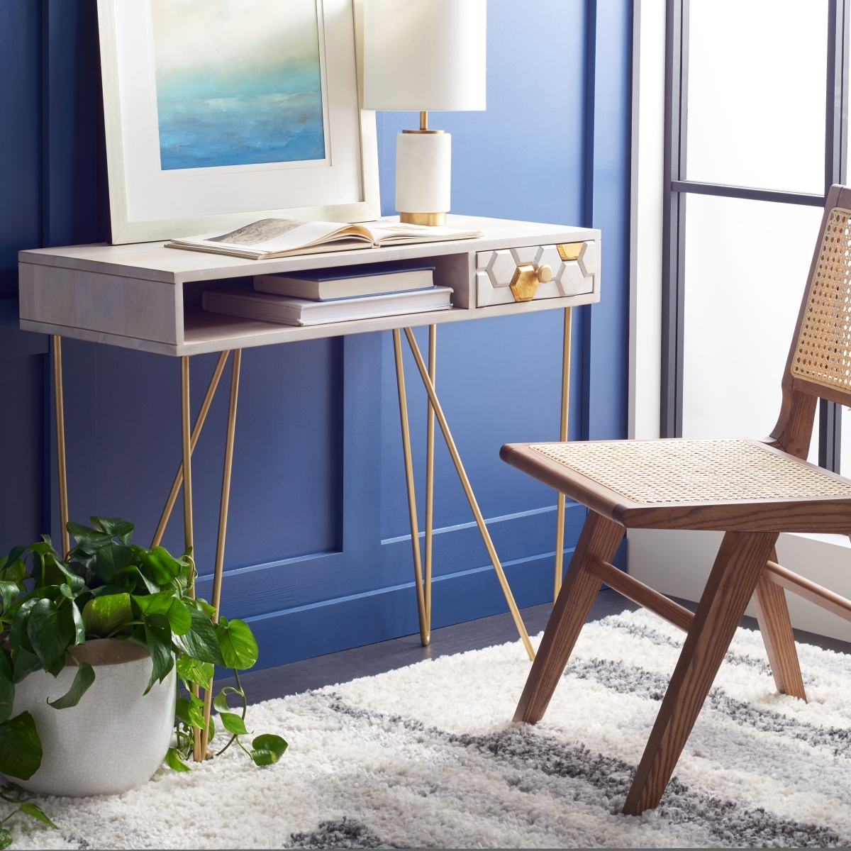 Raveena Desk - White Washed / Brass - Safavieh - Image 1