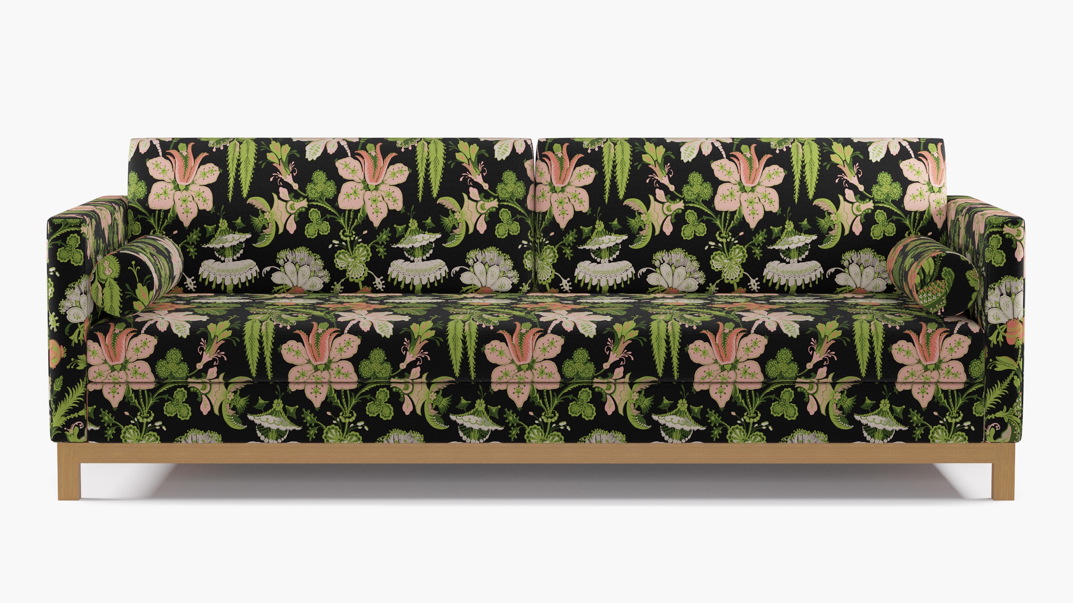 Tailored Tuxedo Sofa, Coral Onyx Rossetta, Natural Wood Rail - Image 0