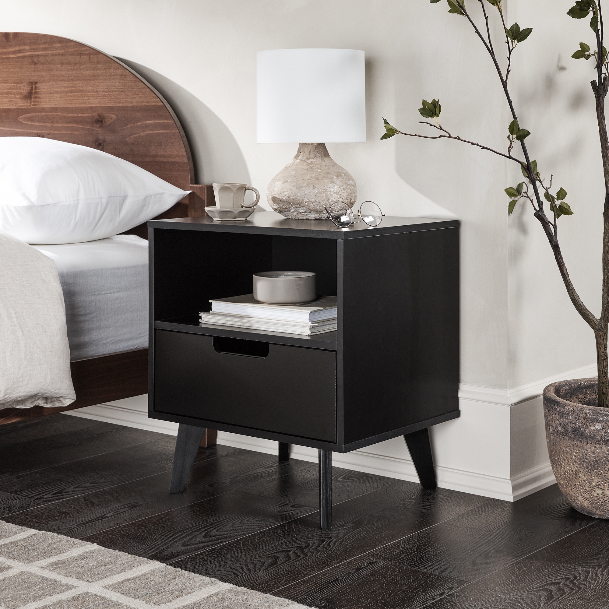 Modern 1-Drawer Nightstand with Open Cubby – Black - Image 4