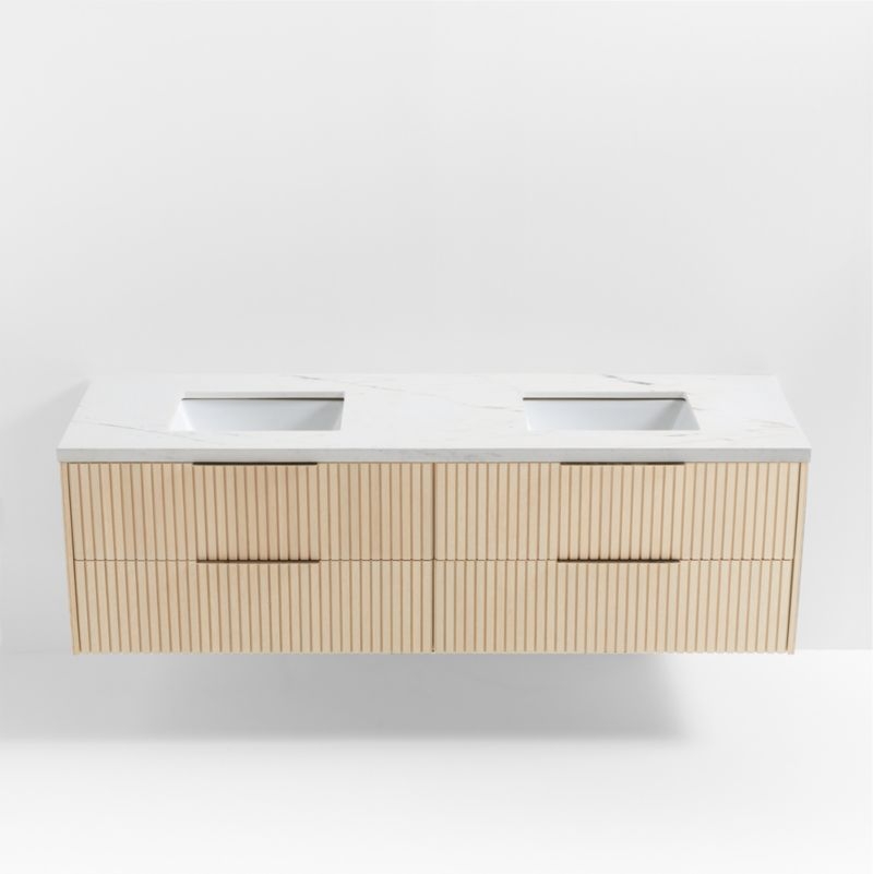 Batten 72" White Marble Top and Oak Wood Double Sink Floating Vanity - Image 5