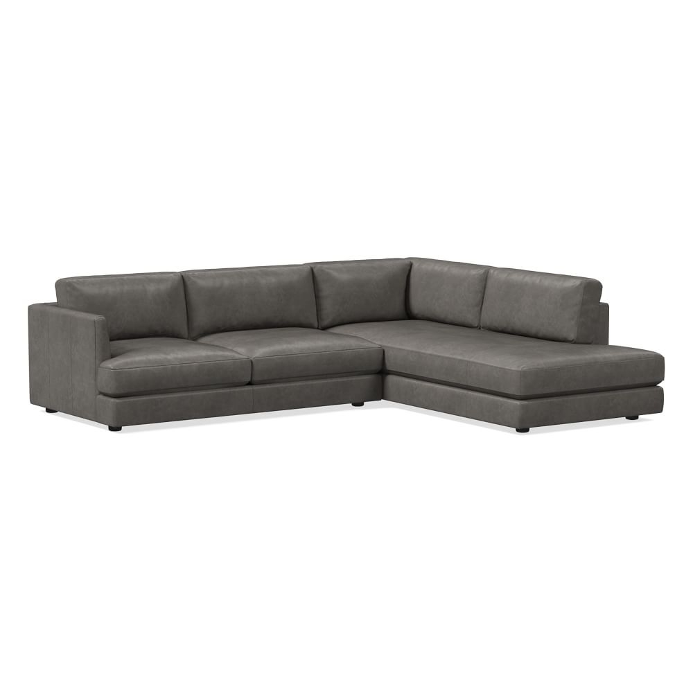 Haven 108" Right Multi Seat 2-Piece Bumper Chaise Sectional, Standard Depth, Ludlow Leather, Gray Smoke - Image 0