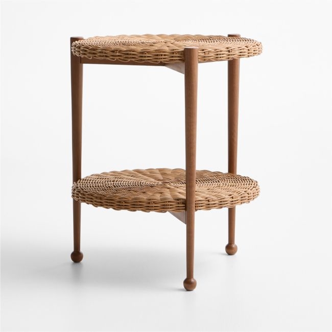 Margot Wicker and Brown Wood Round Nursery Side Table - Image 0