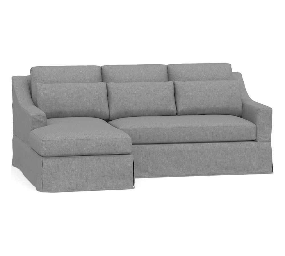 York Slope Arm Slipcovered Deep Seat Right Arm Loveseat with Chaise Sectional, Bench Cushion, Down Blend Wrapped Cushions, Performance Brushed Basketweave Chambray - Image 0