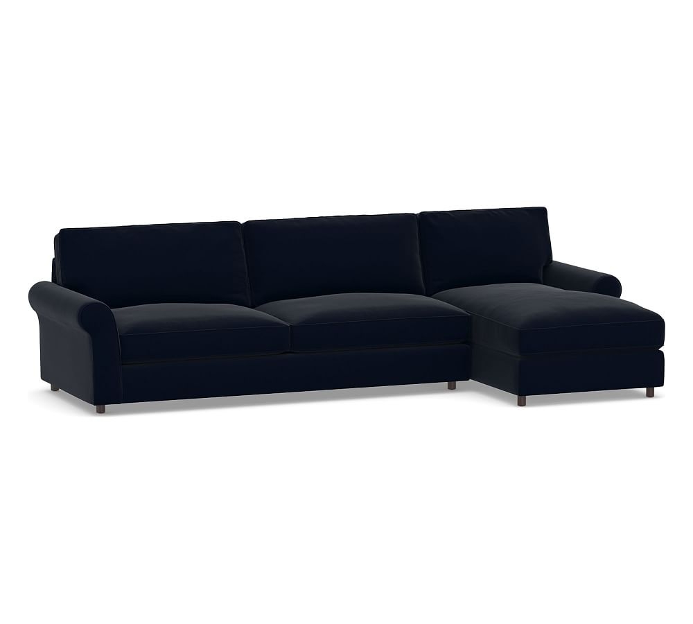 PB Comfort Roll Arm Upholstered Left Arm Sofa with Chaise Sectional, Box Edge Memory Foam Cushions, Performance Plush Velvet Navy - Image 0