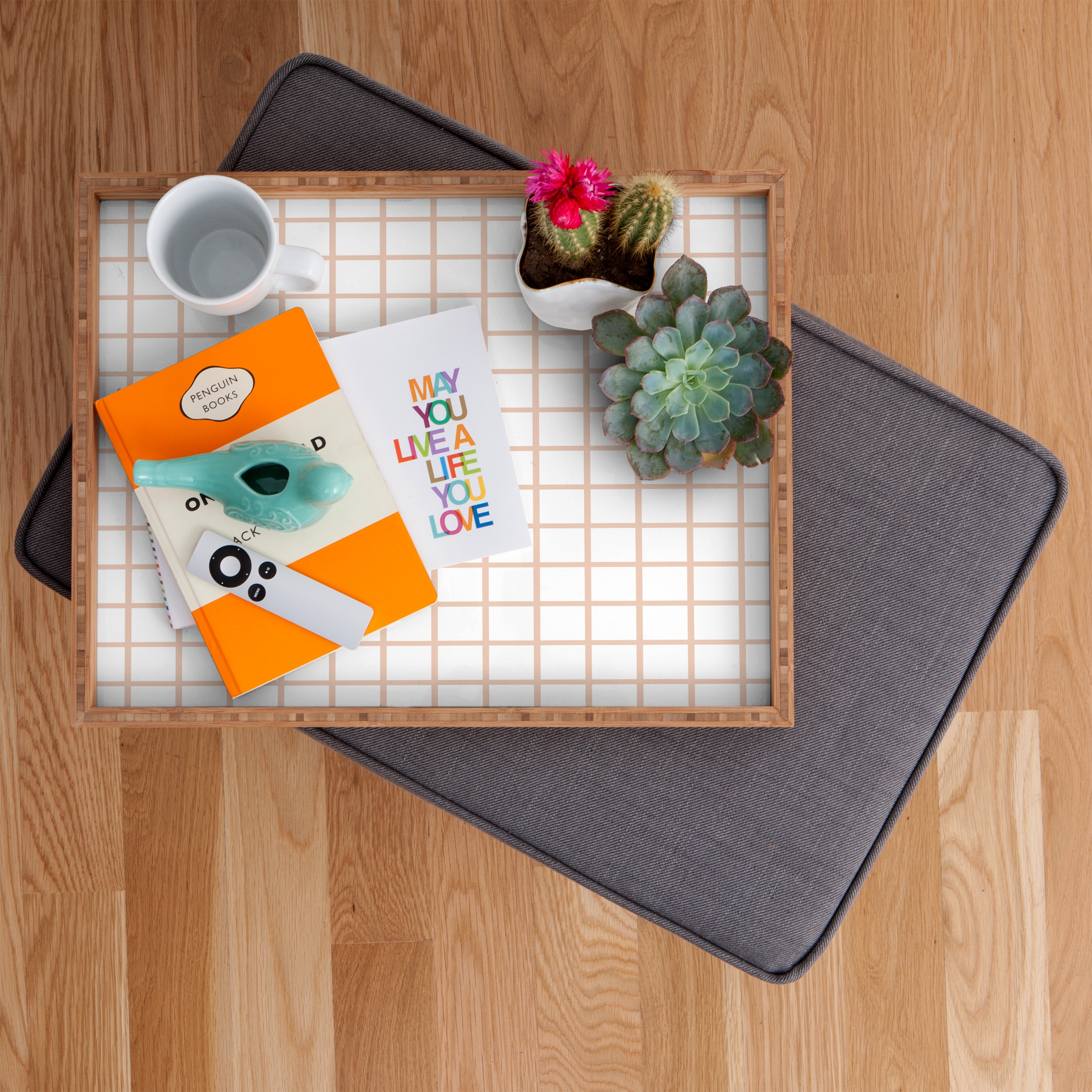 Blush Grid by Little Arrow Design Co - Rectangular Tray Bamboo Extra Large 22.5" x 17" - Image 1