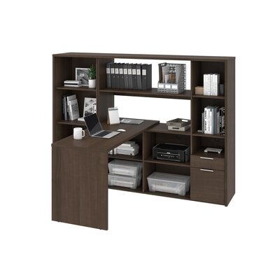 60W L-Shaped Desk With Hutch And Bookcase In Walnut Grey & White - Image 0