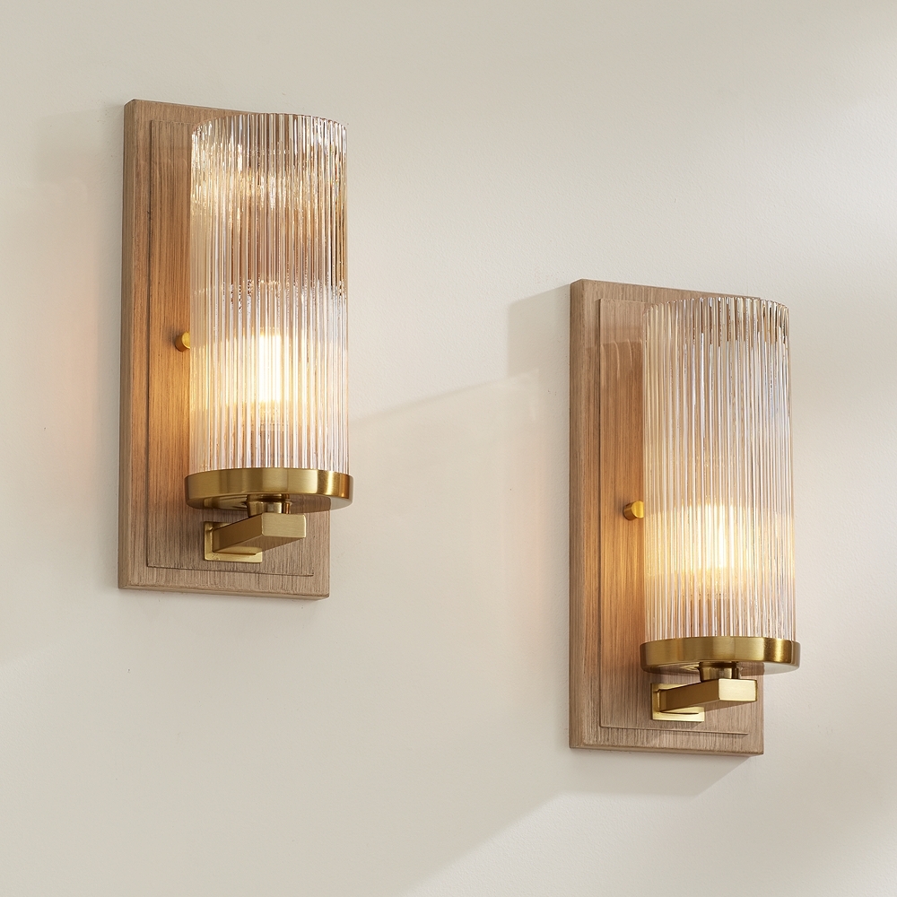 Stiffel Palais 12 1/2" High Gold and Wood Wall Sconce Set of 2 - Image 0