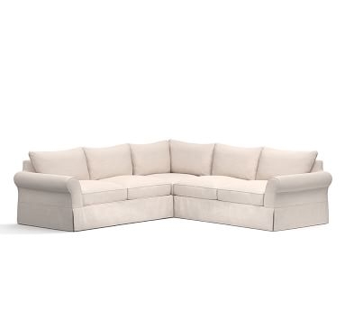 PB Comfort Roll Arm Slipcovered 3-Piece L-Shaped Corner Sectional, Box Edge, Down Blend Wrapped Cushions, Chenille Basketweave Pebble - Image 4