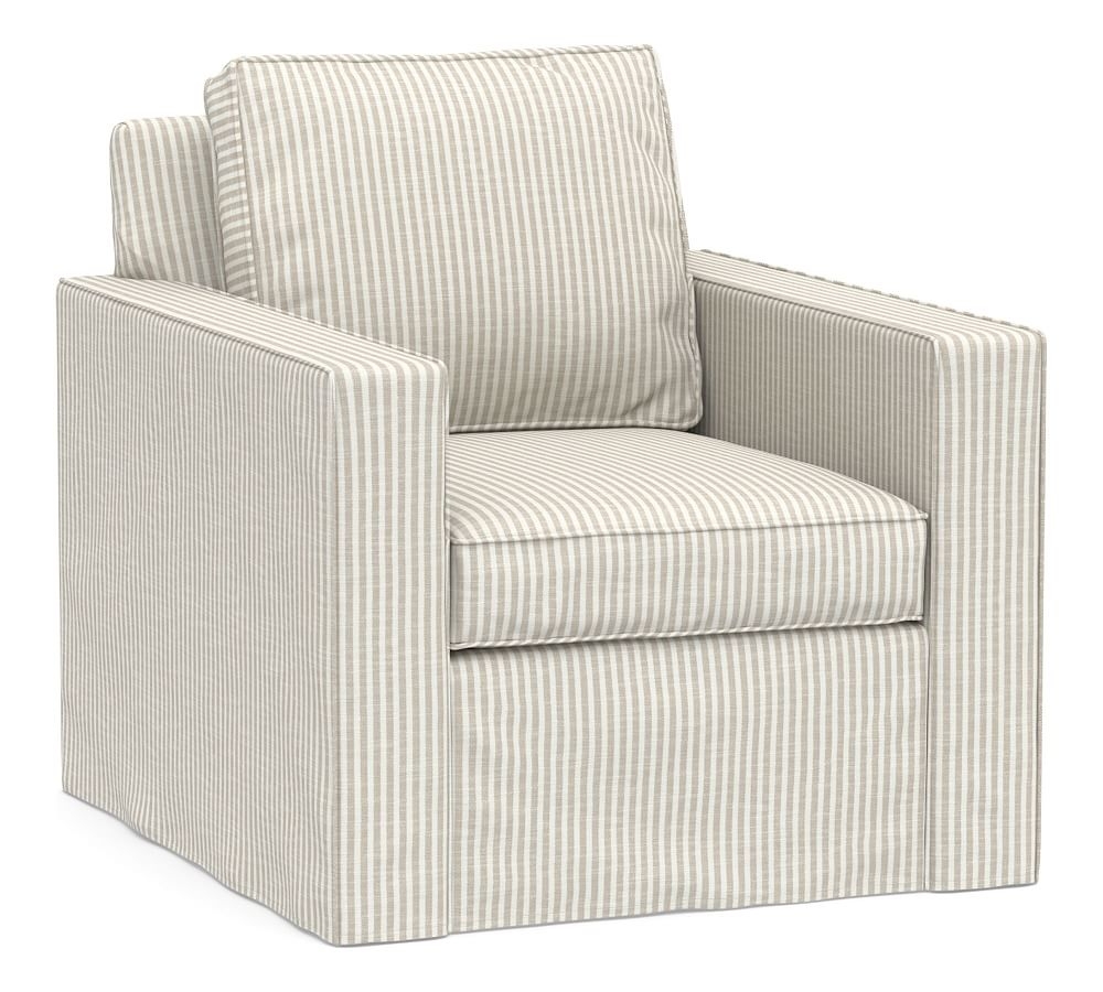 Cameron Square Arm Slipcovered Deep Seat Swivel Armchair, Polyester Wrapped Cushions, Classic Stripe Oatmeal - Image 0