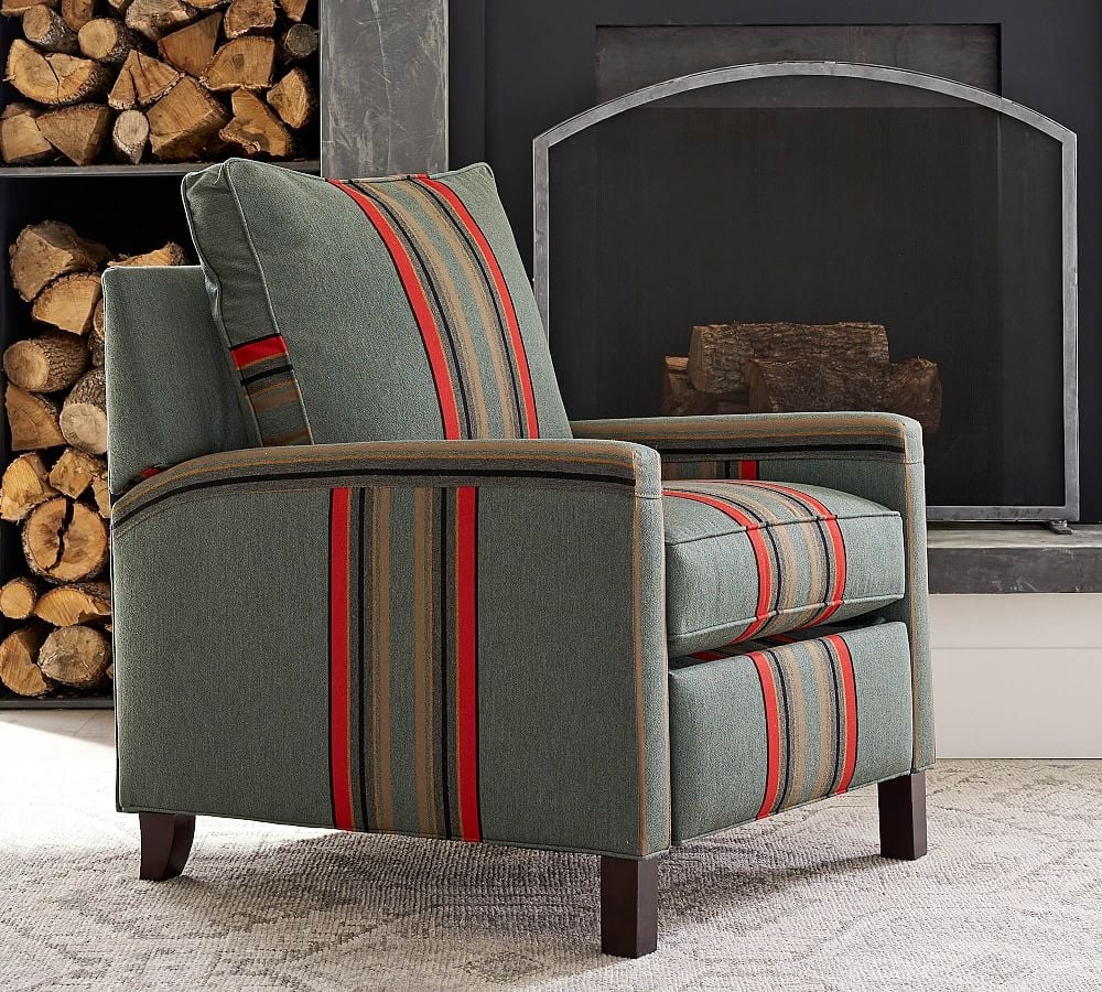 Tyler Square Arm Upholstered Recliner without Nailheads, Polyester Wrapped Cushions, Sunbrella(R) Performance Pendleton(R) Yakima Park Heathered Green - Image 0