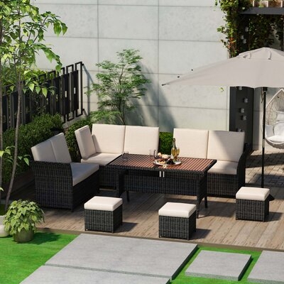 7 Pieces Outdoor Furniture Set, Sectional Sofa Conversation Set With Cushions And Pillows, All Weather Wicker Rattan Suitable For Deck Or Yard - Image 0