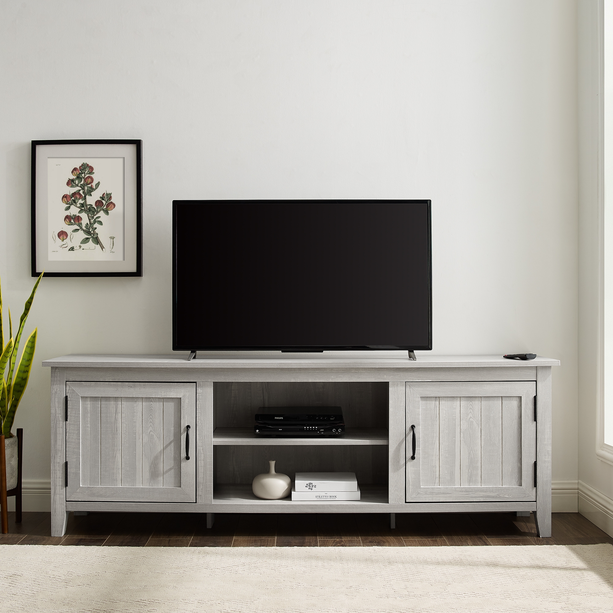 70" Modern Farmhouse Simple Grooved Door Wood TV Stand - Stone Grey - Image 5