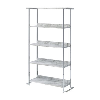 Bookcase With 5 Tier Design And Faux Marble Shelves, Silver - Image 0