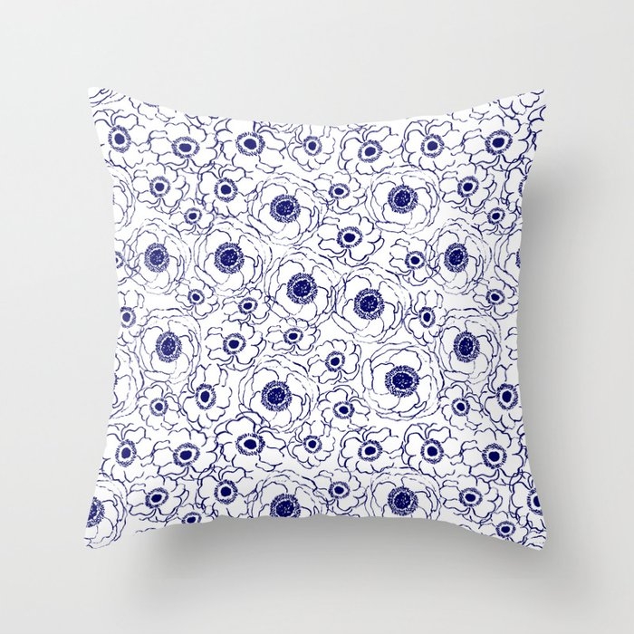 Painterly Flowers Indigo Blue Bright Minimal Modern Painting Gender Neutral Abstract Art Dorm Room Throw Pillow by Charlottewinter - Cover (24" x 24") With Pillow Insert - Indoor Pillow - Image 0
