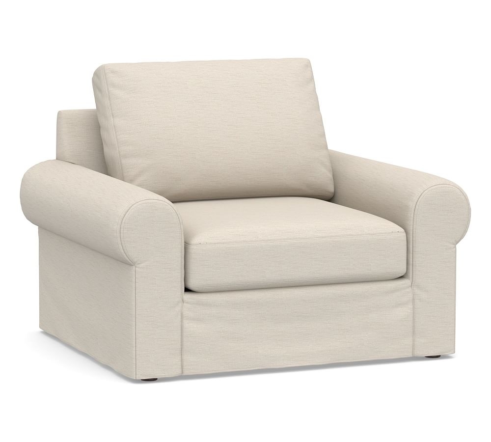 Big Sur Roll Arm Slipcovered Armchair, Down Blend Wrapped Cushions, Performance Slub Cotton Stone - Image 0
